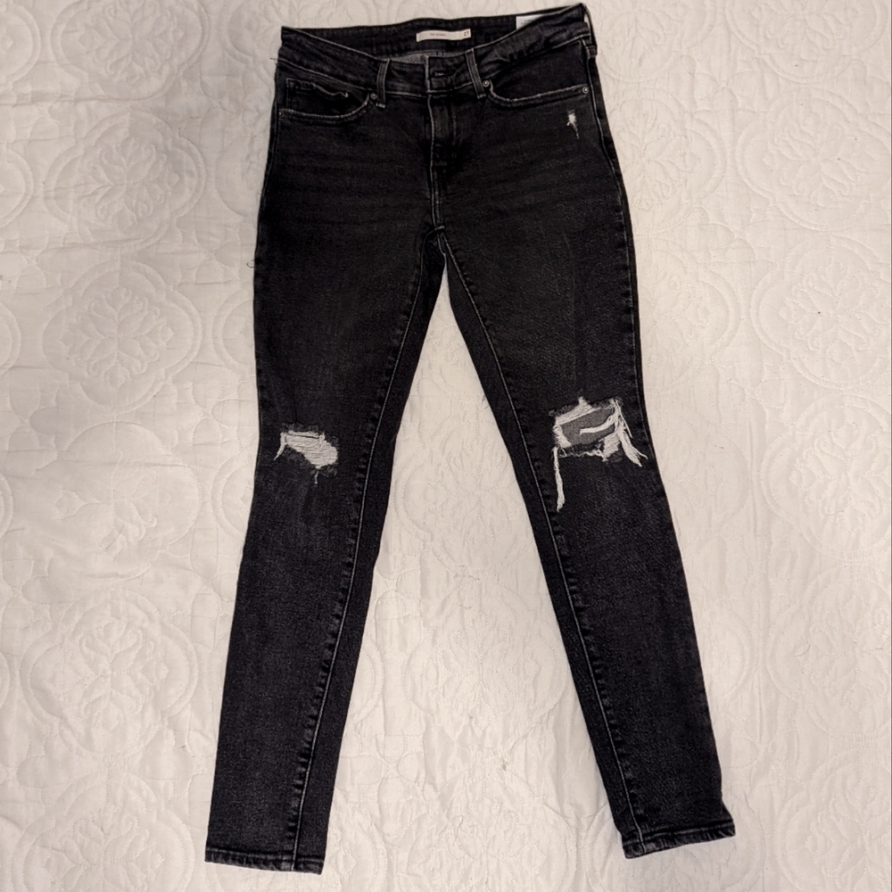 Levi's 711 Skinny Mid Rise Jeans, Black, 27 distressed busted knees
